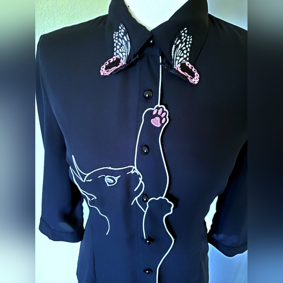 Banned retro cat black button up snowbird blouse - Picture 3 of 6